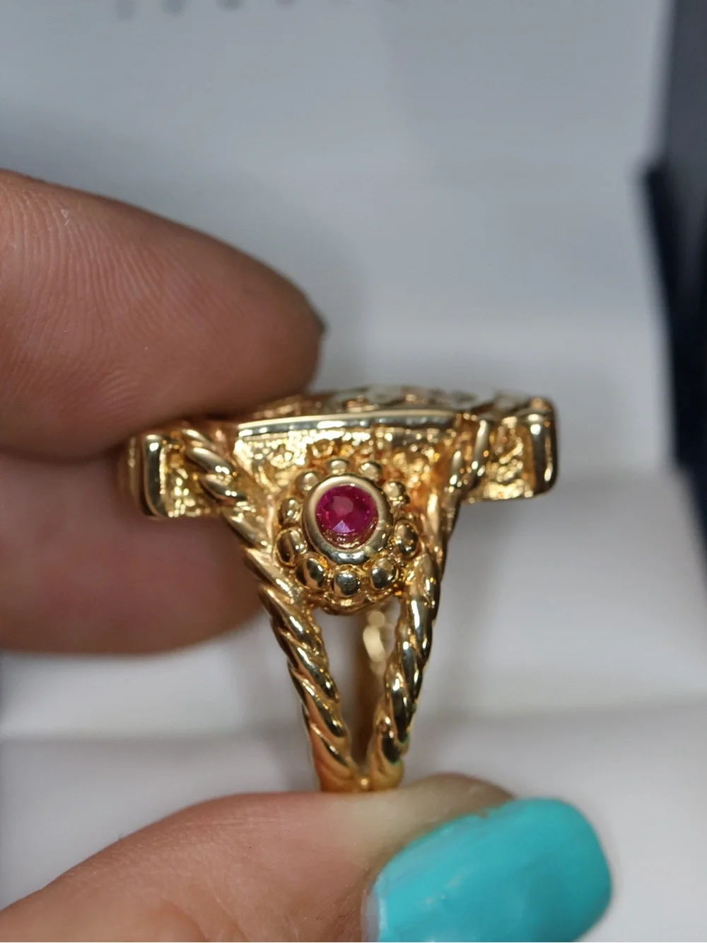 Gold Signet Ring with Red Ruby Accents. Hollow 14k gold